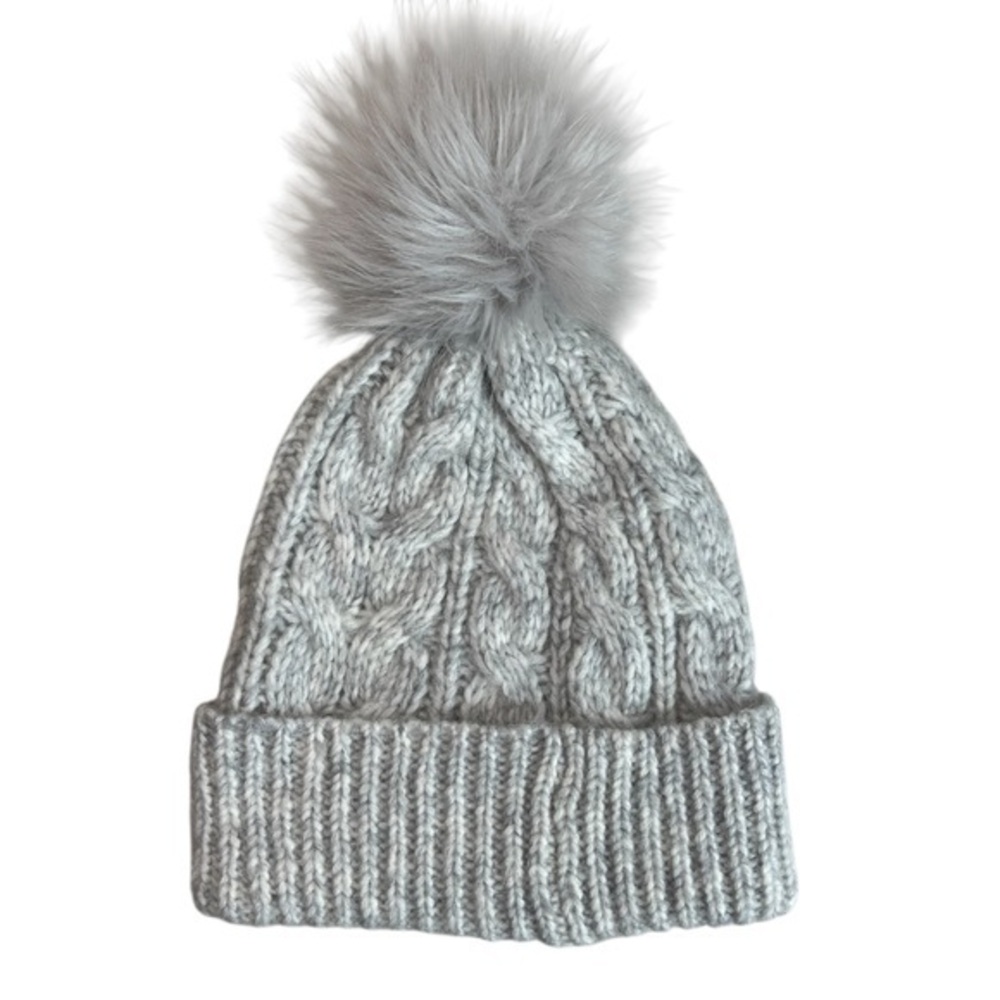 LOFT Gray Cable Knit Pom Pom Beanie Faux Fur Winter Hat Cozy Cold Weather